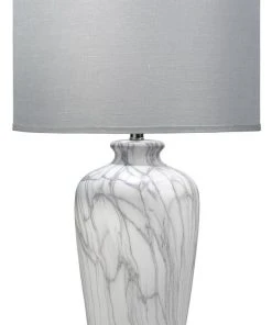 Jamie Young Bedrock Table Lamp In Marbled Ceramic With Large Drum Shade In Grey Linen