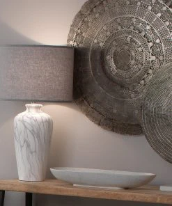 Jamie Young Bedrock Table Lamp In Marbled Ceramic With Large Drum Shade In Grey Linen 7 Jamie Young Bedrock Table Lamp In Marbled Ceramic With Large Drum Shade In Grey Linen