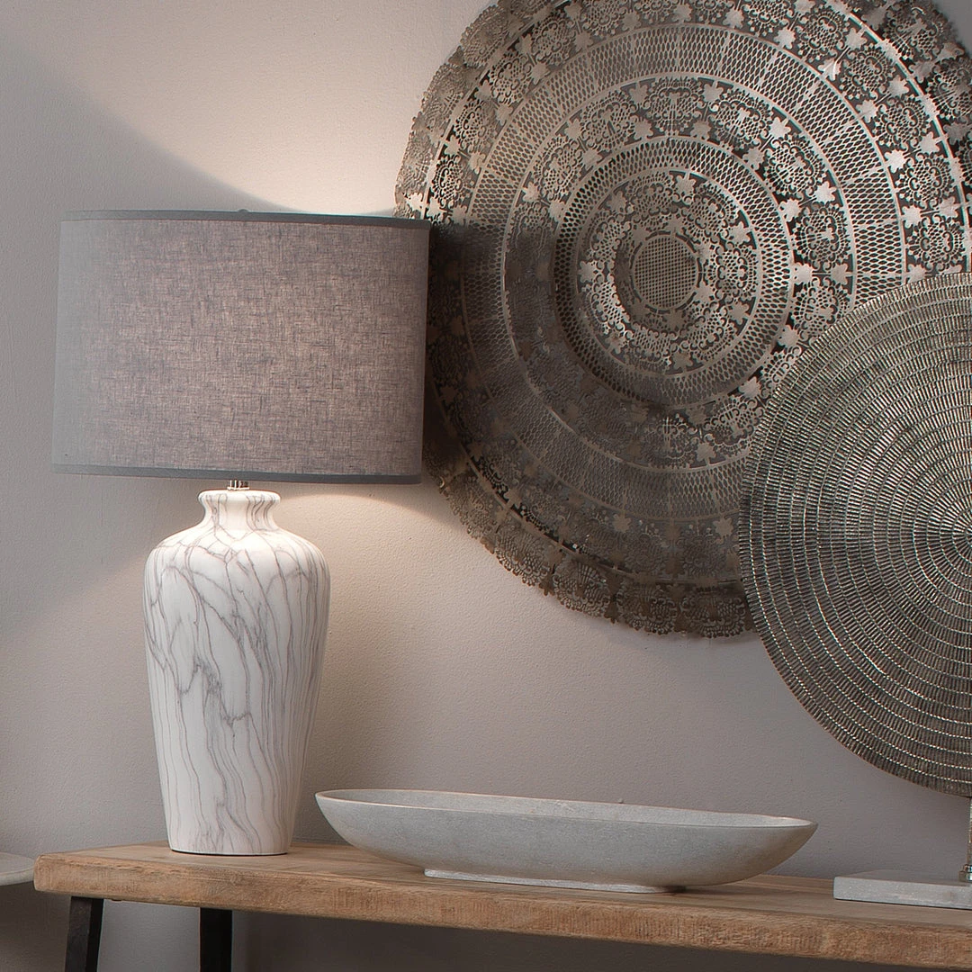 Jamie Young Bedrock Table Lamp In Marbled Ceramic With Large Drum Shade In Grey Linen 5 Jamie Young Bedrock Table Lamp In Marbled Ceramic With Large Drum Shade In Grey Linen