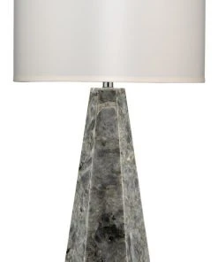Jamie Young Borealis Hexagon Table Lamp In Labradorite With Large Drum Shade In White Silk