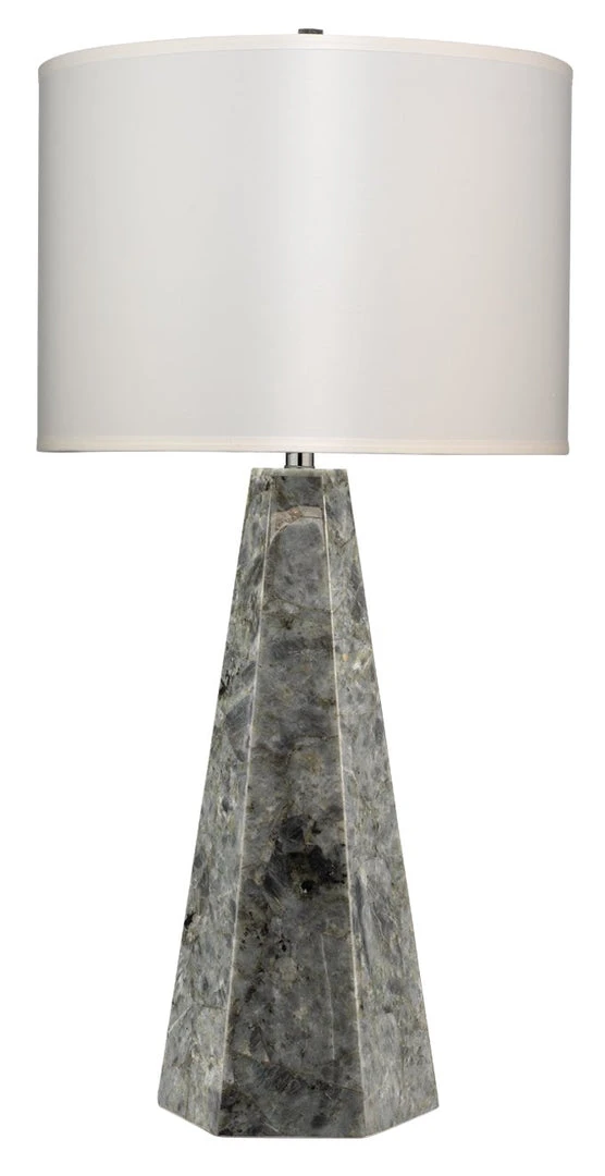 Jamie Young Borealis Hexagon Table Lamp In Labradorite With Large Drum Shade In White Silk 3 Jamie Young Borealis Hexagon Table Lamp In Labradorite With Large Drum Shade In White Silk