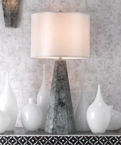 Jamie Young Borealis Hexagon Table Lamp In Labradorite With Large Drum Shade In White Silk 9 Jamie Young Borealis Hexagon Table Lamp In Labradorite With Large Drum Shade In White Silk