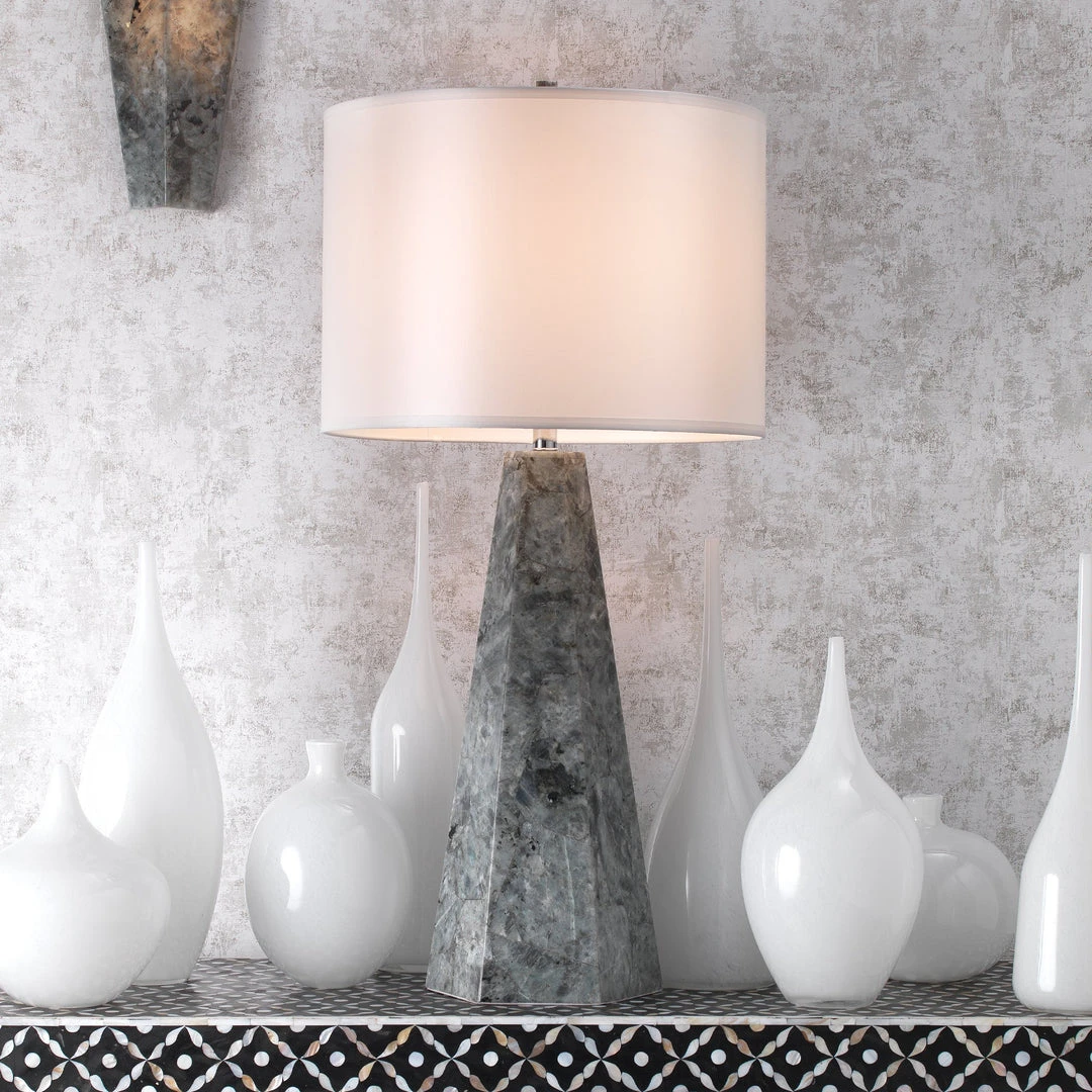 Jamie Young Borealis Hexagon Table Lamp In Labradorite With Large Drum Shade In White Silk 6 Jamie Young Borealis Hexagon Table Lamp In Labradorite With Large Drum Shade In White Silk