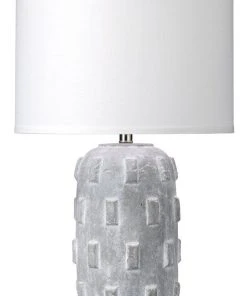 Jamie Young Boulder Table Lamp In Grey Ceramic With Classic Drum Shade In White Linen Table Lamps