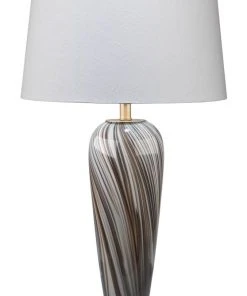 Jamie Young Bridgette Table Lamp In Grey & Black Swirled Glass With Cone Shade In White Linen Table Lamps