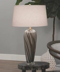 Jamie Young Bridgette Table Lamp In Grey & Black Swirled Glass With Cone Shade In White Linen Table Lamps