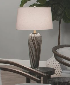 Jamie Young Bridgette Table Lamp In Grey & Black Swirled Glass With Cone Shade In White Linen Table Lamps