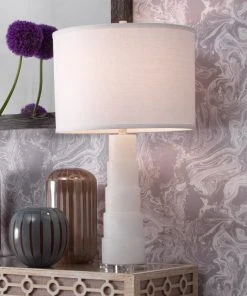 Jamie Young Caspian Table Lamp In White Alabaster With Classic Drum Shade In White Linen Table Lamps 7 Jamie Young Caspian Table Lamp In White Alabaster With Classic Drum Shade In White Linen Table Lamps