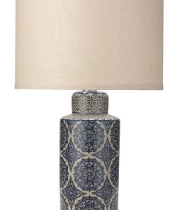 Jamie Young Deliah Table Lamp In Blue With Medium Drum Shade In Stone Linen Table Lamps