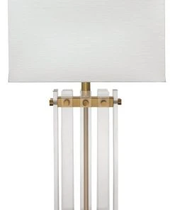 Jamie Young Grammercy Table Lamp In Acrylic & Antique Brass Metal With Rectangle Shade In Sea Salt Linen Table Lamps