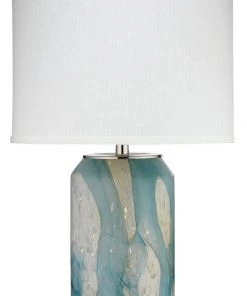 Jamie Young Helen Table Lamp In Pale Blue Glass With Classic Drum Shade In Sea Salt Linen Table Lamps