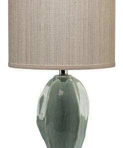 Jamie Young Hermosa Table Lamp In Teal Ceramic With Drum Shade In Elephant Hemp Table Lamps