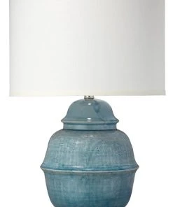 Table Lamps Jamie Young Kaya Table Lamp In Blue Ceramic With Classic Drum Shade In Sea Salt Linen
