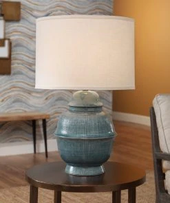 Table Lamps Jamie Young Kaya Table Lamp In Blue Ceramic With Classic Drum Shade In Sea Salt Linen