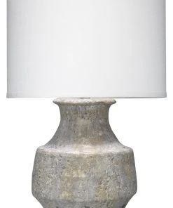 Jamie Young Masonry Table Lamp In Grey Ceramic With Classic Drum Shade In White Linen