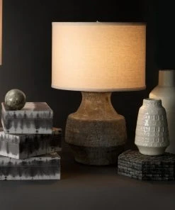 Jamie Young Masonry Table Lamp In Grey Ceramic With Classic Drum Shade In White Linen