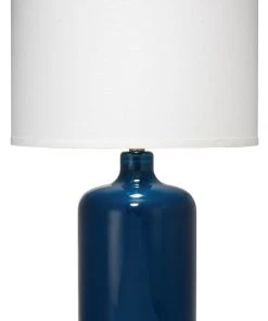Jamie Young Napa Table Lamp In Navy Glass With Classic Drum Shade In White Linen