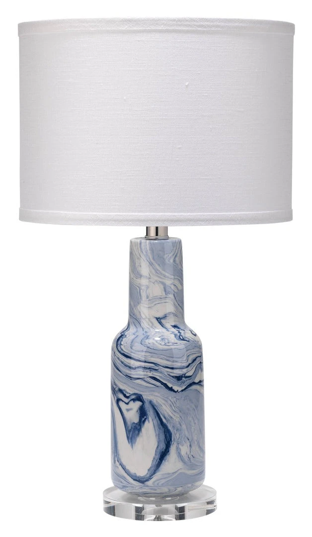 Jamie Young Nebula Table Lamp In Blue & White Ceramic Swirl With Small Drum Shade In White Linen 3 Jamie Young Nebula Table Lamp In Blue & White Ceramic Swirl With Small Drum Shade In White Linen