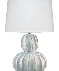 Jamie Young Oceane Gourd Table Lamp In White Ceramic With Custom Cone Shade In White Linen