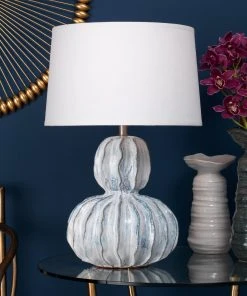 Jamie Young Oceane Gourd Table Lamp In White Ceramic With Custom Cone Shade In White Linen 7 Jamie Young Oceane Gourd Table Lamp In White Ceramic With Custom Cone Shade In White Linen