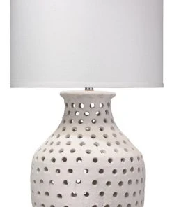 Jamie Young Porous Table Lamp In White Matte Ceramic With Large Drum Shade In White Linen Table Lamps