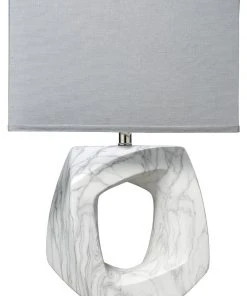 Jamie Young Quarry Table Lamp In Marbled Ceramic With Medium Rectangle Shade In Grey Linen