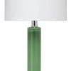 Jamie Young Studio Table Lamp In Leaf Green Glass With Tall Thin Drum Shade In White Linen Table Lamps