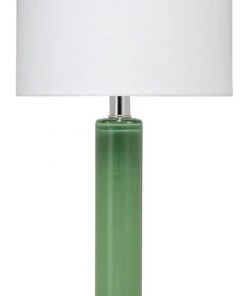 Jamie Young Studio Table Lamp In Leaf Green Glass With Tall Thin Drum Shade In White Linen Table Lamps