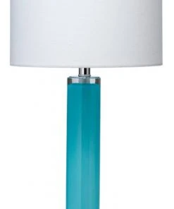 Table Lamps Jamie Young Studio Table Lamp In Powder Blue Glass With Tall Thin Drum Shade In White Linen