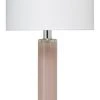 Jamie Young Studio Table Lamp In Petal Pink Glass With Tall Thin Drum Shade In White Linen Table Lamps