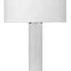 Jamie Young Studio Table Lamp In White Glass With Tall Thin Drum Shade In White Linen Table Lamps