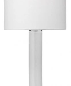 Jamie Young Studio Table Lamp In White Glass With Tall Thin Drum Shade In White Linen Table Lamps