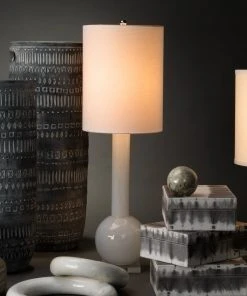 Jamie Young Studio Table Lamp In White Glass With Tall Thin Drum Shade In White Linen Table Lamps
