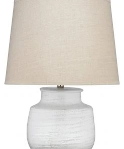 Jamie Young Small Trace Table Lamp In White Ceramic With Large Cone Shade In Natural Linen Table Lamps