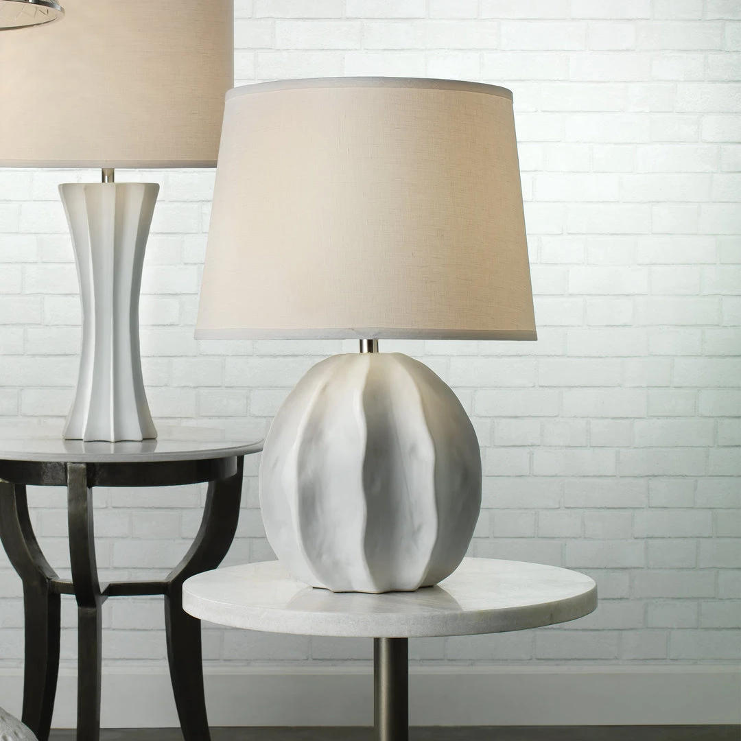 Jamie Young Urchin Table Lamp In Matte White With Large Cone Shade In White Linen 5 Jamie Young Urchin Table Lamp In Matte White With Large Cone Shade In White Linen
