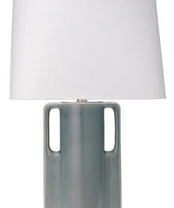 Jamie Young Woodstock Table Lamp In Mist Blue Glass With Oval Rectangle Shade In White Linen Table Lamps