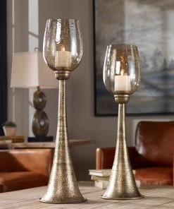 Uttermost Badal Antiqued Gold Candleholders Set/2 Candle Holders & Hurricanes