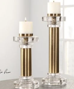 Uttermost Leslie Brushed Brass Candleholders, S/2