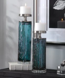 Candle Holders & Hurricanes Uttermost Almanzora Teal Glass Candleholders S/2