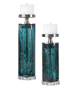 Candle Holders & Hurricanes Uttermost Almanzora Teal Glass Candleholders S/2