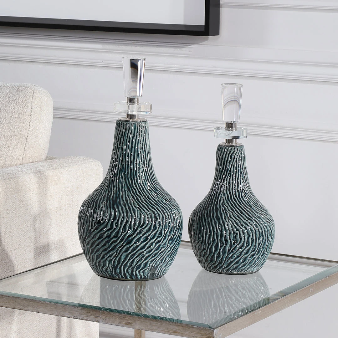 DECOR Uttermost Almera Dark Teal Bottles, S/2 4 DECOR Uttermost Almera Dark Teal Bottles, S/2