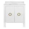 Worlds Away Bath Vanity In Textured White Linen W/ Ant. Brass Hardware, White Marble Top, And Porcelain Sink