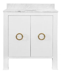 Worlds Away Bath Vanity In Textured White Linen W/ Ant. Brass Hardware, White Marble Top, And Porcelain Sink