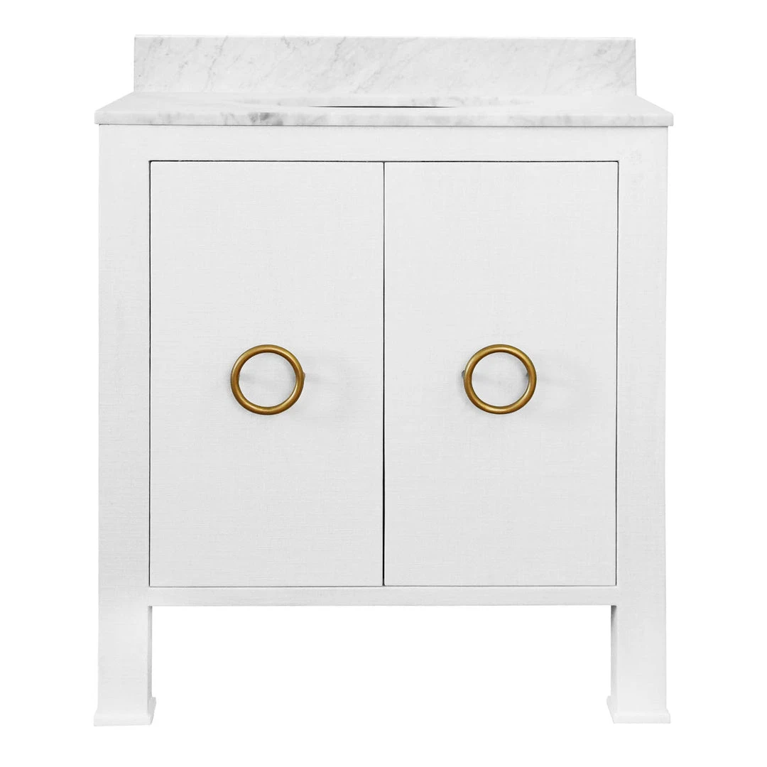 Worlds Away Bath Vanity In Textured White Linen W/ Ant. Brass Hardware, White Marble Top, And Porcelain Sink 3 Worlds Away Bath Vanity In Textured White Linen W/ Ant. Brass Hardware, White Marble Top, And Porcelain Sink