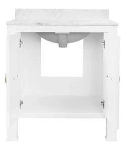 Worlds Away Bath Vanity In Textured White Linen W/ Ant. Brass Hardware, White Marble Top, And Porcelain Sink