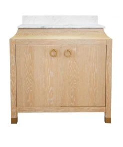 LIVING ROOM Worlds Away Bath Vanity In Cerused Oak With Antique Brass Ring Hardware, White Marble Top, And Porcelain Sink