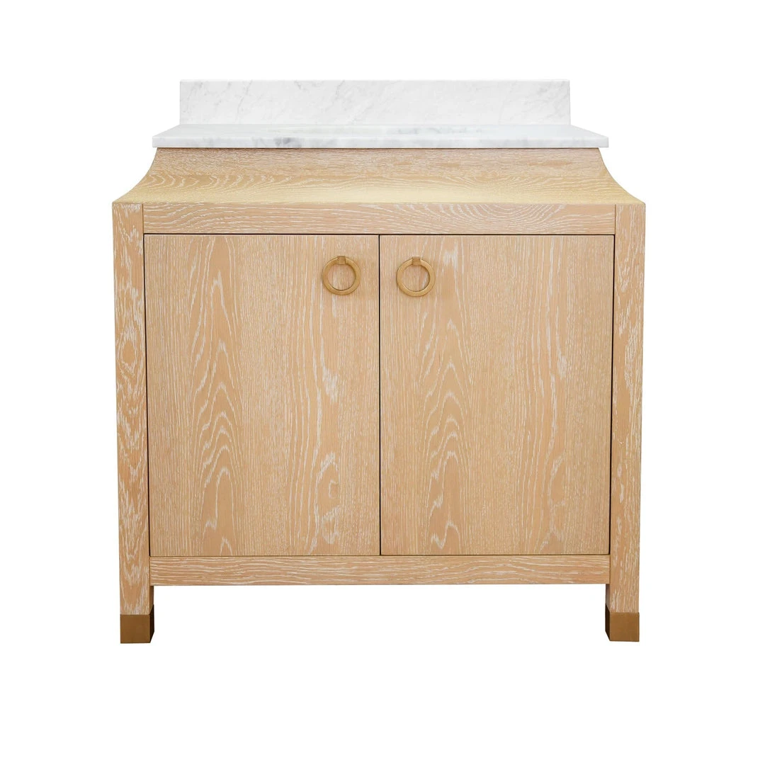 LIVING ROOM Worlds Away Bath Vanity In Cerused Oak With Antique Brass Ring Hardware, White Marble Top, And Porcelain Sink 3 LIVING ROOM Worlds Away Bath Vanity In Cerused Oak With Antique Brass Ring Hardware, White Marble Top, And Porcelain Sink