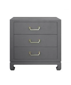 Worlds Away Three Drawer Chest With Brass Hardware In Grey Lacquered Basketweave Grasscloth LIVING ROOM