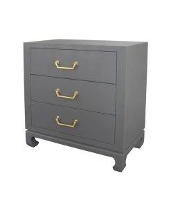 Worlds Away Three Drawer Chest With Brass Hardware In Grey Lacquered Basketweave Grasscloth LIVING ROOM