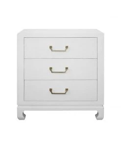 Worlds Away Three Drawer Chest With Brass Hardware In White Lacquered Basketweave Grasscloth LIVING ROOM